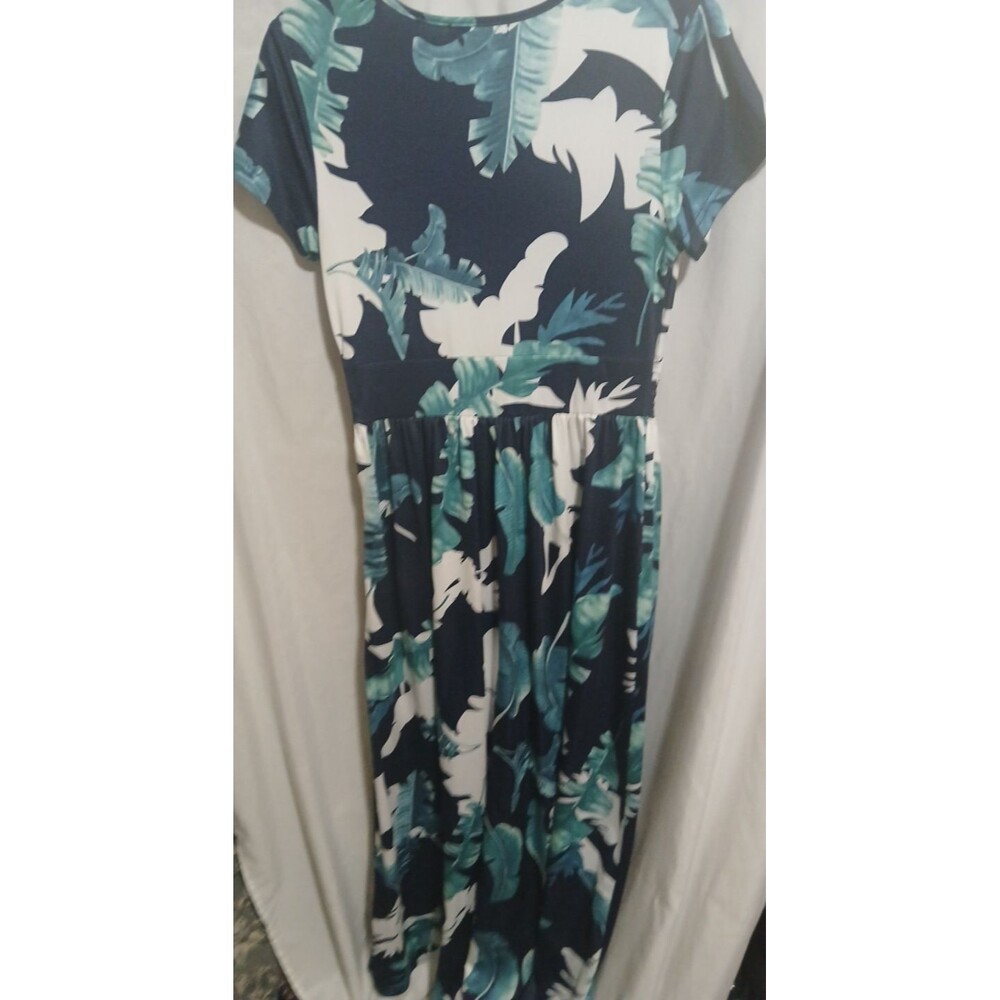 OUGES Women's S Navy Palm Print Short Sleeve Pocketed V Neck Maxi Dress - Picture 6 of 9